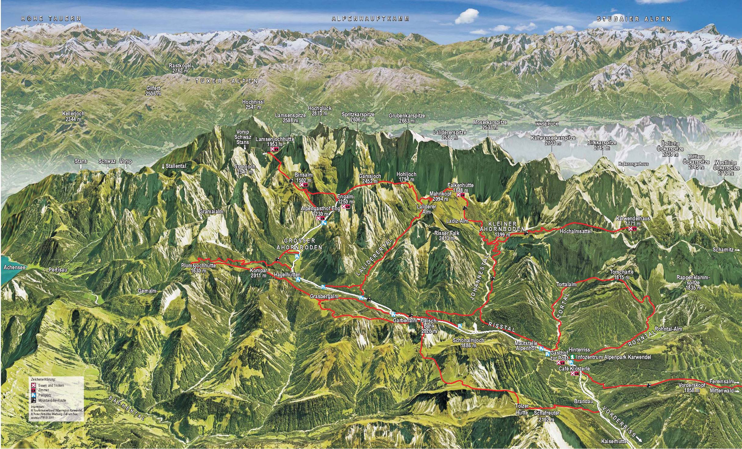 Foto: Panoramakarte der Mautstraße Hinterriss Eng mit Wandertouren